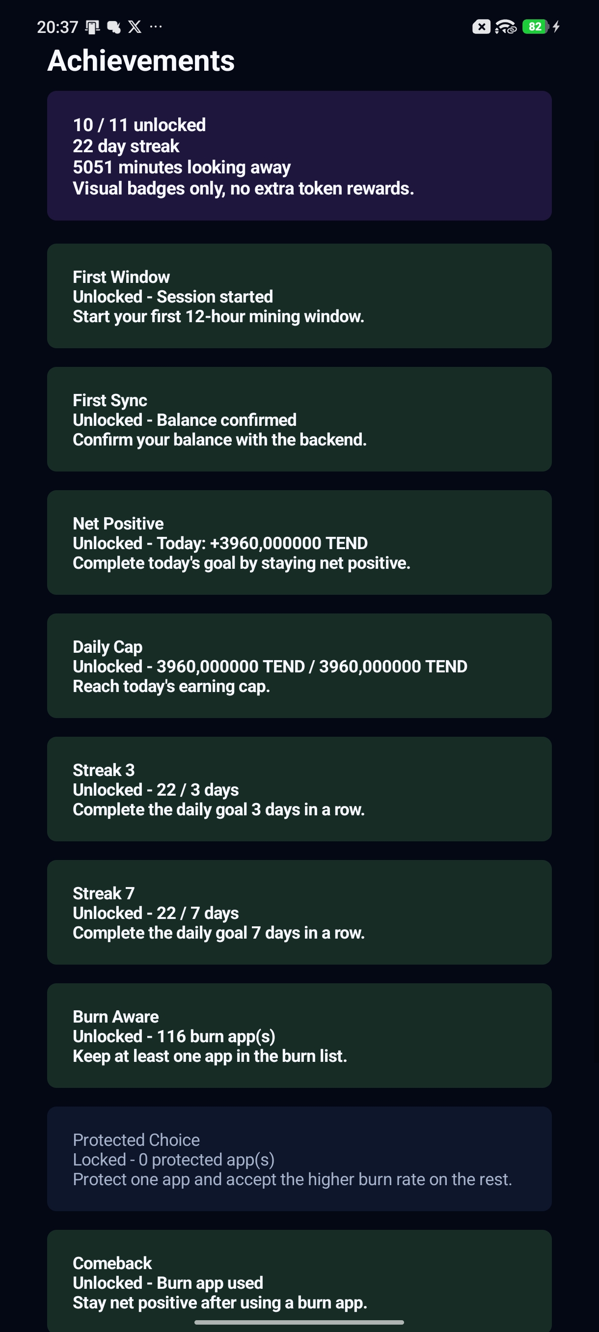 Tend achievements screen showing unlocked badges and streak progress