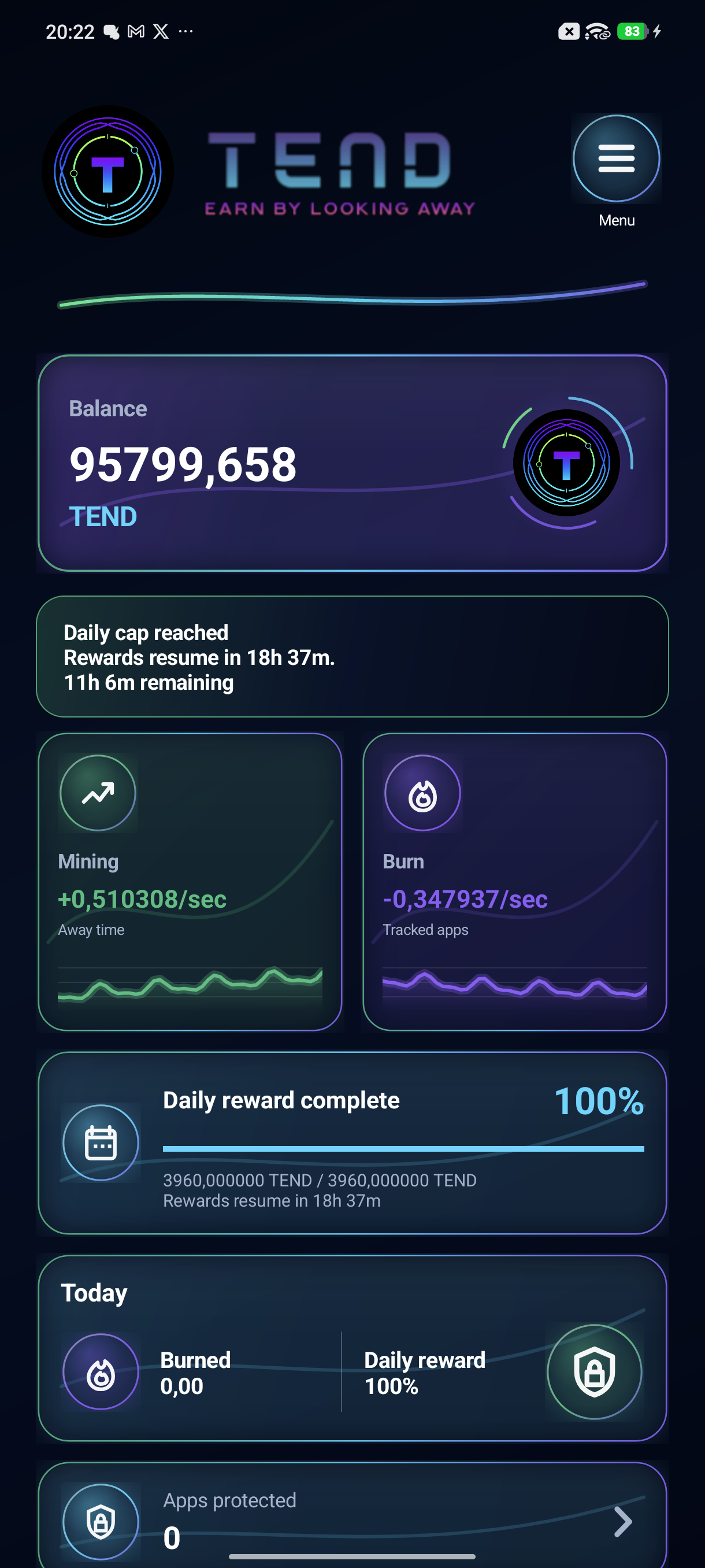 Tend home screen showing live balance and earning status
