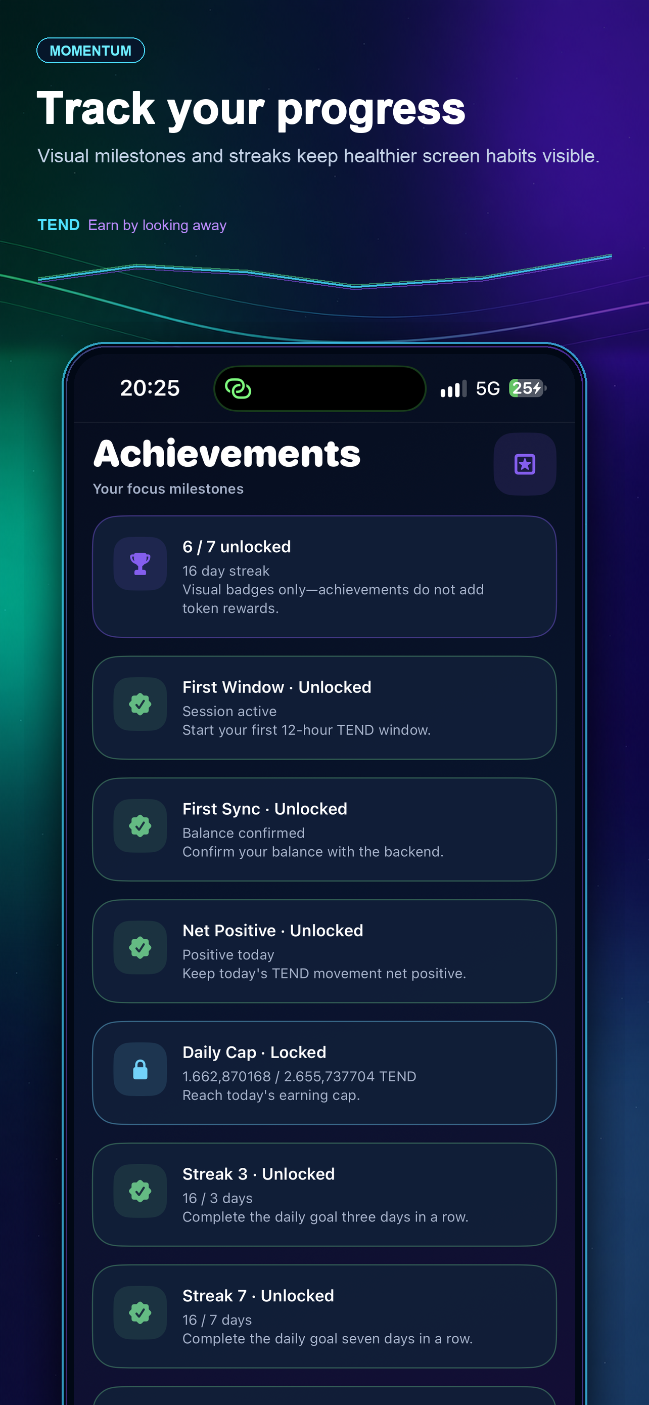 TEND iPhone achievements screen showing focus milestones and unlocked badges