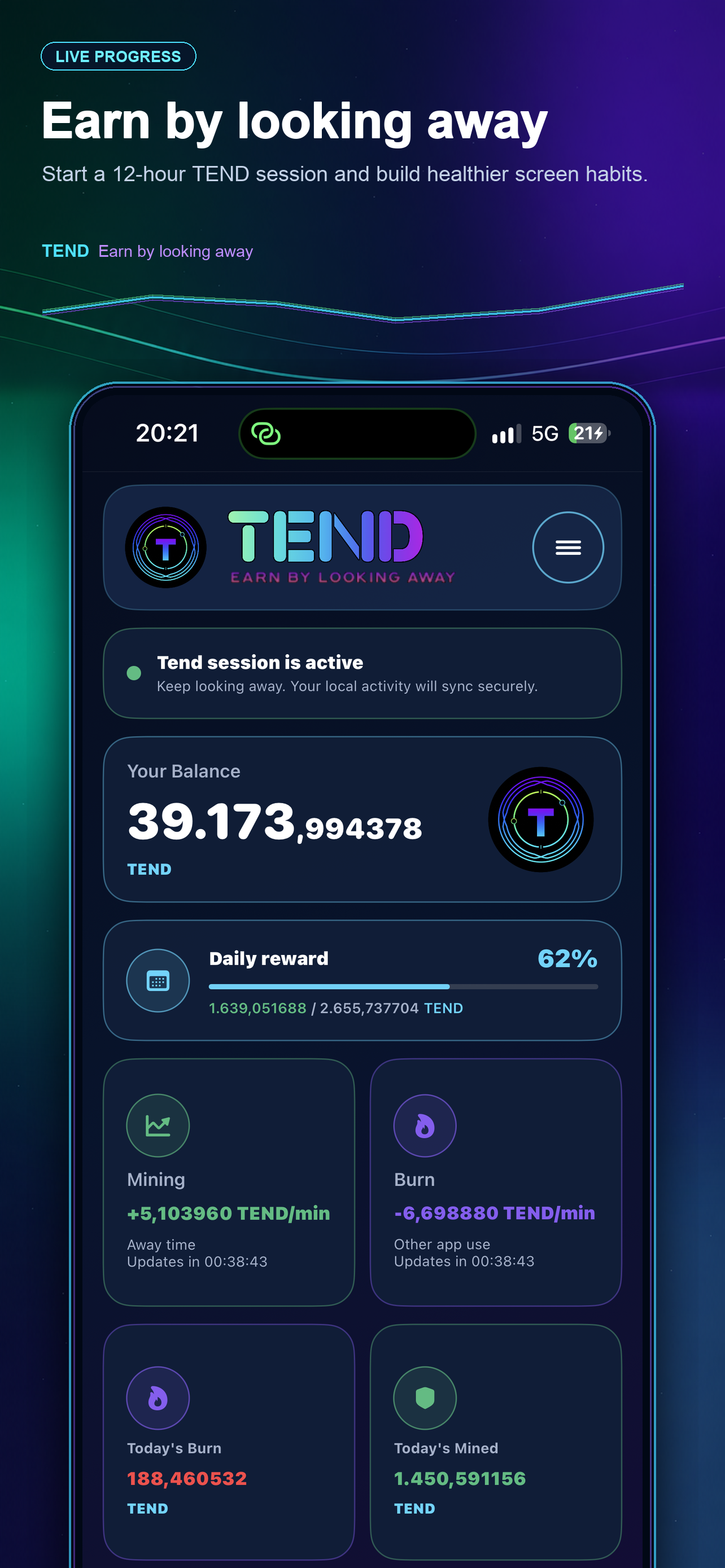 TEND for iPhone showing live balance, daily reward progress, mining rate, and burn rate