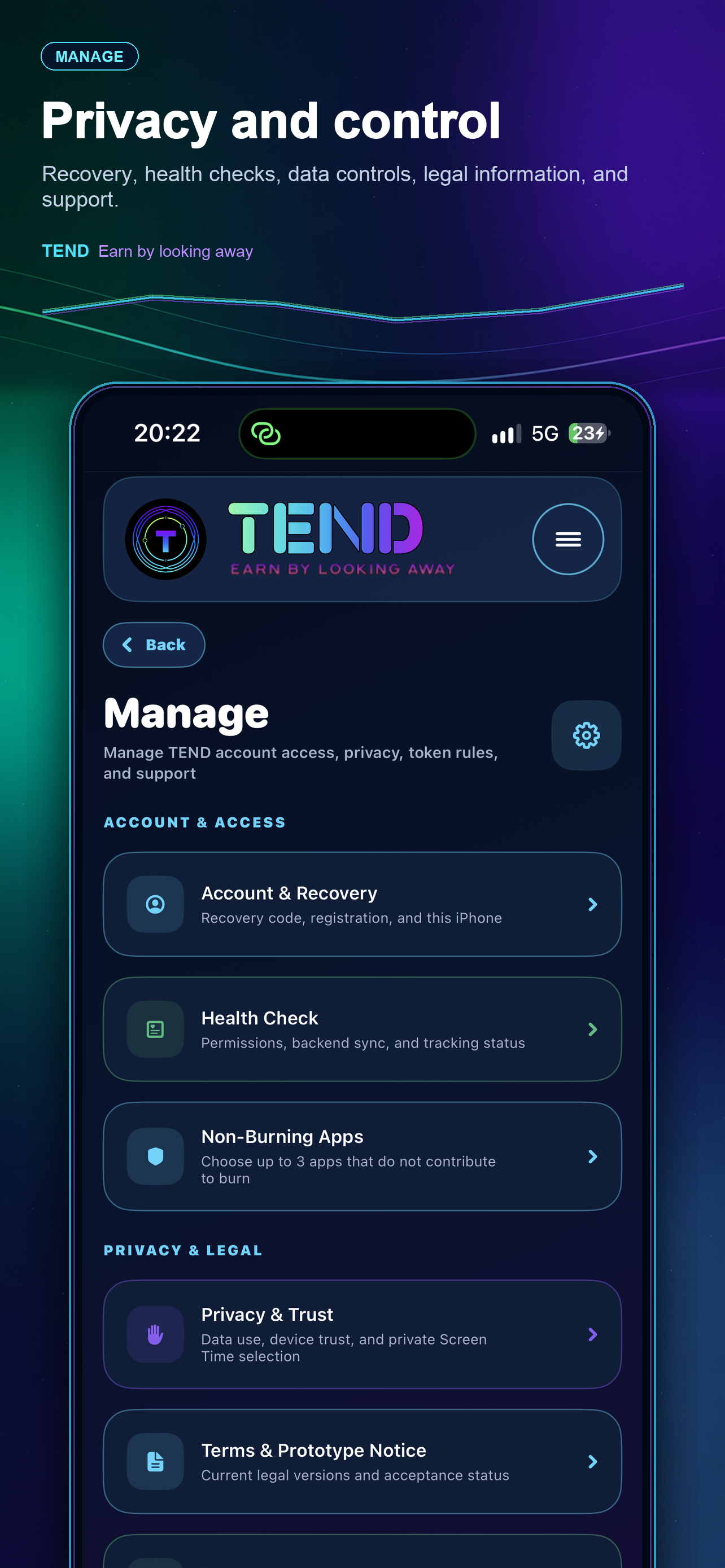 TEND iPhone manage screen with recovery, health check, privacy, legal, and data controls