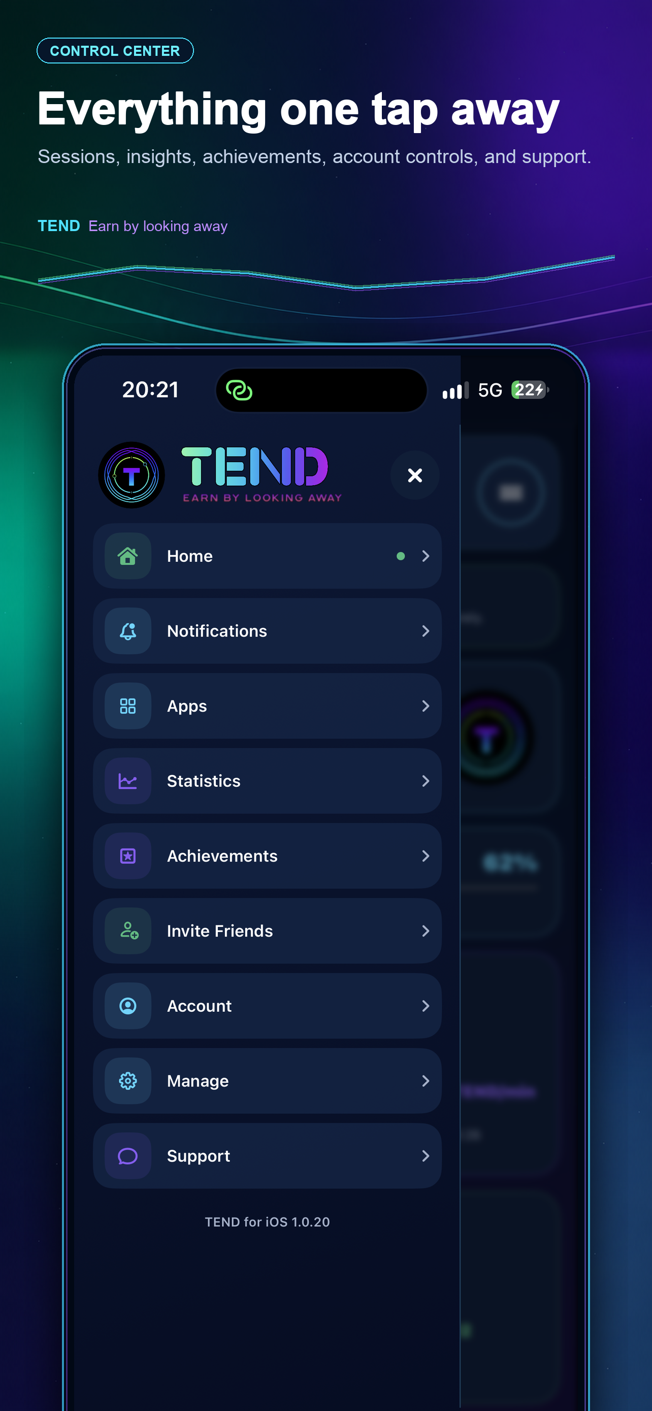TEND iPhone navigation menu with home, notifications, apps, statistics, achievements, and account tools