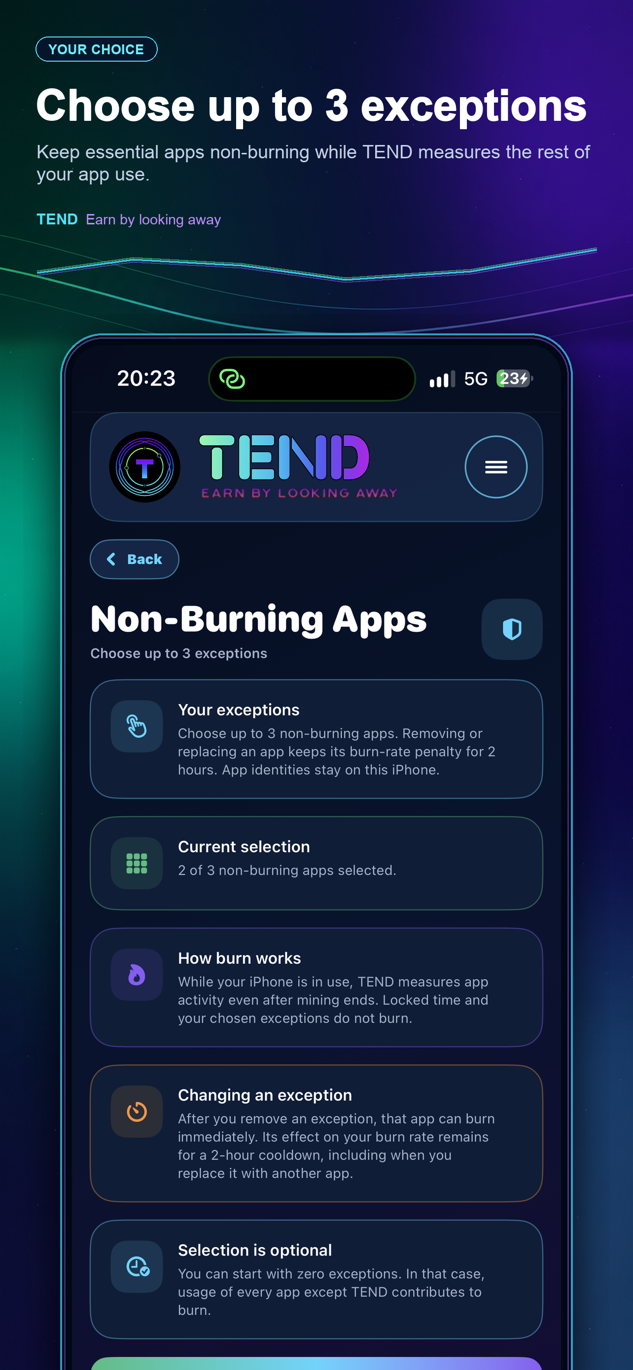 TEND iPhone non-burning apps screen explaining the three-app limit and cooldown