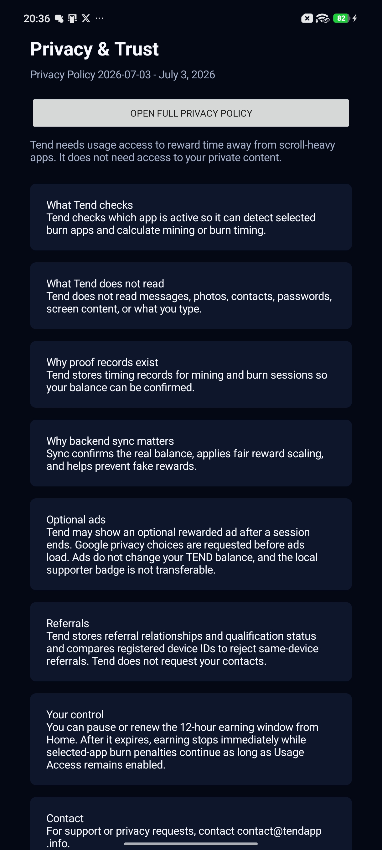 Tend privacy and trust screen explaining app checks and user controls
