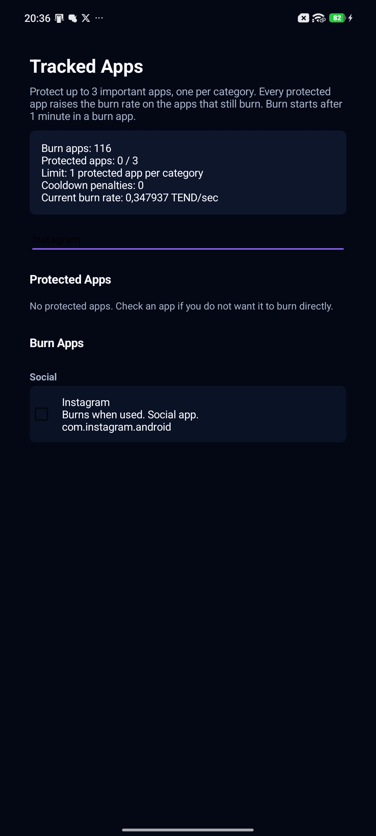 Tend tracked apps screen with burn apps and protected apps