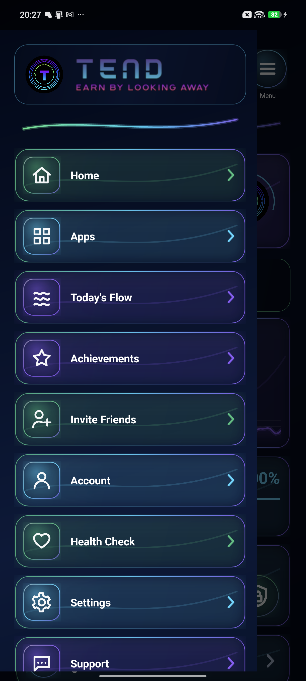 Tend slide menu with navigation options
